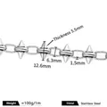 Punk rivet stainless steel chain in silver with 12.6mm spike detail measurements. - Handmade Rivet Chain (B1069) / 1.5x6.3mm+5.5x12.6mm / Steel