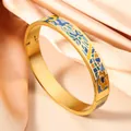 Elegant women's 18K gold plated titanium steel enamel bracelet featuring colorful floral patterns - Yellow Green Blue Blue Geometric Floral (FLSZ005-2)