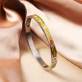 Fashion enamel bangle featuring colorful leaf patterns, 18K gold plated titanium steel - 6mm Width / Yellow Pink Orange Geometric Floral (SZ700)
