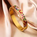 Fashionable 18K gold plated titanium steel bangle with colorful enamel flower patterns - 10mm Width / Red Pink Green Blue Petal Geometric (SZ726)