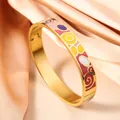 Fashion enamel floral bangle in 18K gold plated stainless steel for women - Yellow Pink Purple White Pink Floral (SZ722)