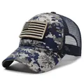 Detailed macro view of digital camo mesh baseball cap with American flag patch design. - Blue