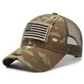 Detailed view of a camouflage mesh baseball cap with American flag velcro patch. - Army Green