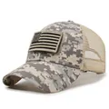 Detail of digital camouflage trucker hat with mesh back and monochrome US flag patch - Beige