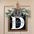 Rustic personalized wooden front door hanging sign featuring letter D and welcome message - 30x30cm / Letter D
