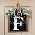 Personalized letter F wooden door hanger with welcome message and floral bow decor - Letter F