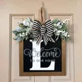 Personalized rustic wooden front door wreath with letter L and welcome home text - L