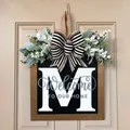 Personalized wooden front door hanging sign featuring letter M and welcome message decor - M