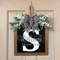 Personalized letter S wooden front door hanger with wreath and striped bow - S