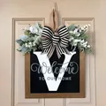 Personalized wooden front door hanging sign with letter V and striped bow decorative - Letter V