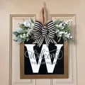 Personalized letter W wooden door sign with welcome home text and striped bow. - Letter W