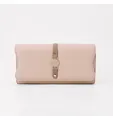Macro detail of elegant pink pebbled leather long wallet featuring a decorative strap buckle - Pink