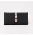 Elegant black litchi grain leather long wallet with pink contrasting strap detail - Black
