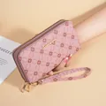 Pink soft leather long wallet with double zipper, floral pattern and wrist strap - Dusty Pink