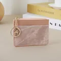 Slim minimalist pink ladies card holder and coin purse featuring a gold keychain - Pink