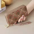 Portefeuille rétro en liège imprimé mandala pour femme avec double fermeture éclair et dragonne - Fleur d'Éventail Liège