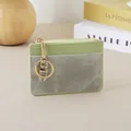 Elegant slim green and grey card holder with gold zipper and keychain for women stylish - Green