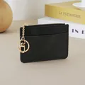 Elegant black slim leather card holder and coin purse with gold zipper and keychain - Black