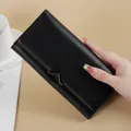 Elegant black long PU leather wallet with gold V-accent and multi-card slots for women - Black