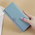 Fashionable light blue PU leather long wallet with gold V-shaped metal clasp - Blue