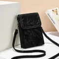 Black wrinkled texture vertical mobile phone crossbody bag with white stitching and flap cover - 14*3*19cm / Black