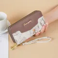 Elegant embroidered long wallet for women with patchwork design and wrist strap - Light Coffee