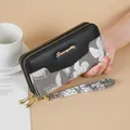 Elegant women's long embroidered wallet with black splicing and wrist strap - Black