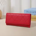 Elegant red long quilted wallet for women featuring a stylish diamond pattern design - Red