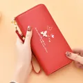 Red long women's wallet with double zipper and butterfly print with wristlet strap - Red