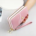 Elegant pink double zipper long clutch wallet with pearl accent and wrist strap - Pink