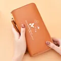 Elegant tan long wallet for women with double zipper wrist strap and butterfly print - Yellow Brown