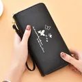 Elegant black women's long clutch wallet with butterfly print and a handy wrist strap - Black