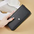 Elegant black litchi grain long wallet for women with gold zipper and leaf emblem detail - Black