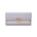 Front view of long lavender wallet with woven texture and decorative gold-tone hardware. - Purple