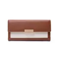 Vintage brown and beige color-blocked long wallet with woven texture and gold hardware. - Brown