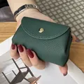 Genuine dark green pebbled leather mini coin purse with golden snap button closure - Green