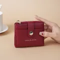 Premium short burgundy litchi grain PU leather wallet with card slots and snap closure - Red
