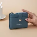 Elegant blue lychee grain PU leather short wallet with multi card slots and top zipper - Blue
