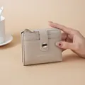 Minimalist beige lychee pattern PU leather small wallet with card slots and secure snap button - White