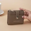 Compact brown lychee grain PU wallet with multiple card slots and snap button - Khaki