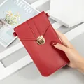 Elegant red faux leather crossbody phone bag featuring a golden metal clasp lock - Red