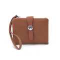 Close-up detail of a brown leather coin purse with decorative stitching and a bow buckle - Short Wallet / 12x9x2.5cm / Yellow Brown