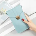 Korean style minimalist light blue leather phone bag with gold buckle and shoulder strap - Blue