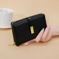 Elegant black PU leather women's wallet with vintage gold buckle and zipper closure. - Black