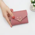 Elegant pink mini folding wallet for women featuring a golden heart-shaped metal buckle - Heart Style / Deep Pink