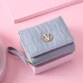 Elegant grey-blue short folded wallet for women with wavy stitching and gold V wheat logo - Blue
