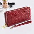 Stylish red quilted women's long wallet with double zipper and elegant floral rose embossing - Long Style (FC181207) / Burgundy