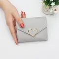Elegant grey mini trifold wallet for women featuring a stylish gold heart-shaped buckle - Heart Style / Gray