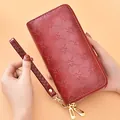 Red embossed star pattern women's long wallet with double zipper and wristlet - Four-pointed Star Embossed Double Zip (FC Four-pointed Star Double Zip) / Deep Red Glossy