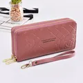 Elegant dusty rose long wallet with double zipper, quilted rose pattern, and wrist strap. - Long Style (FC181207) / Dusty Pink
